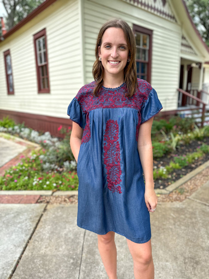 MAROON AND DENIM CHAMBRAY Style embroidered dress. ring dress layerz clothing 