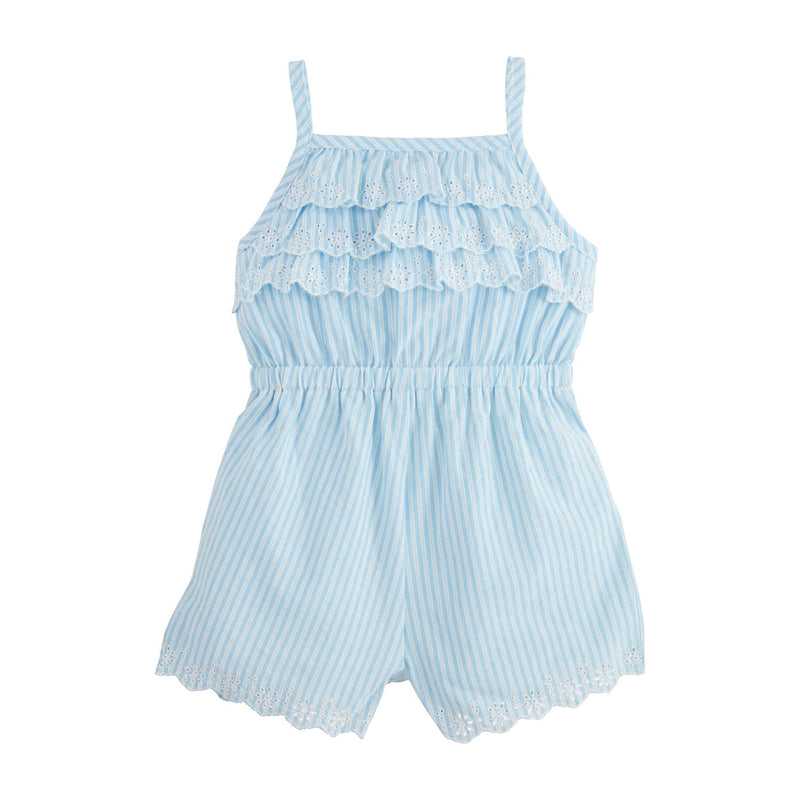 blue and white stripe romper for baby mud pie with ruffles and eyelet details