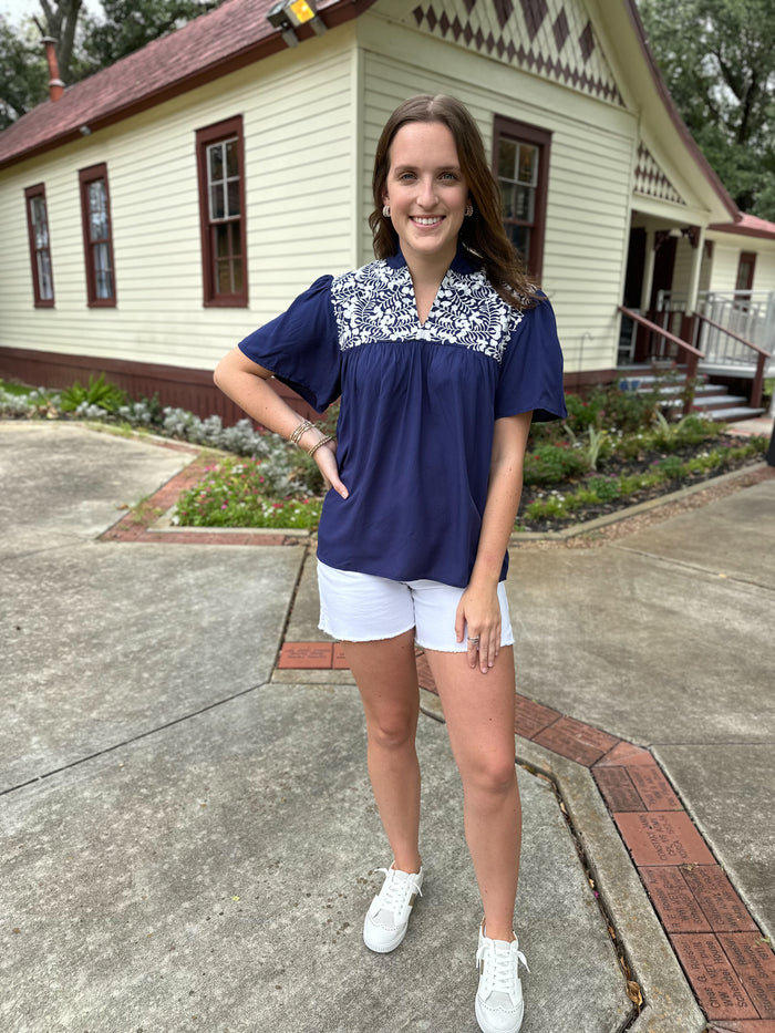 NAVY BLUE AND WHITE EMBROIDERED TOP LAYERZ CLOTHING 