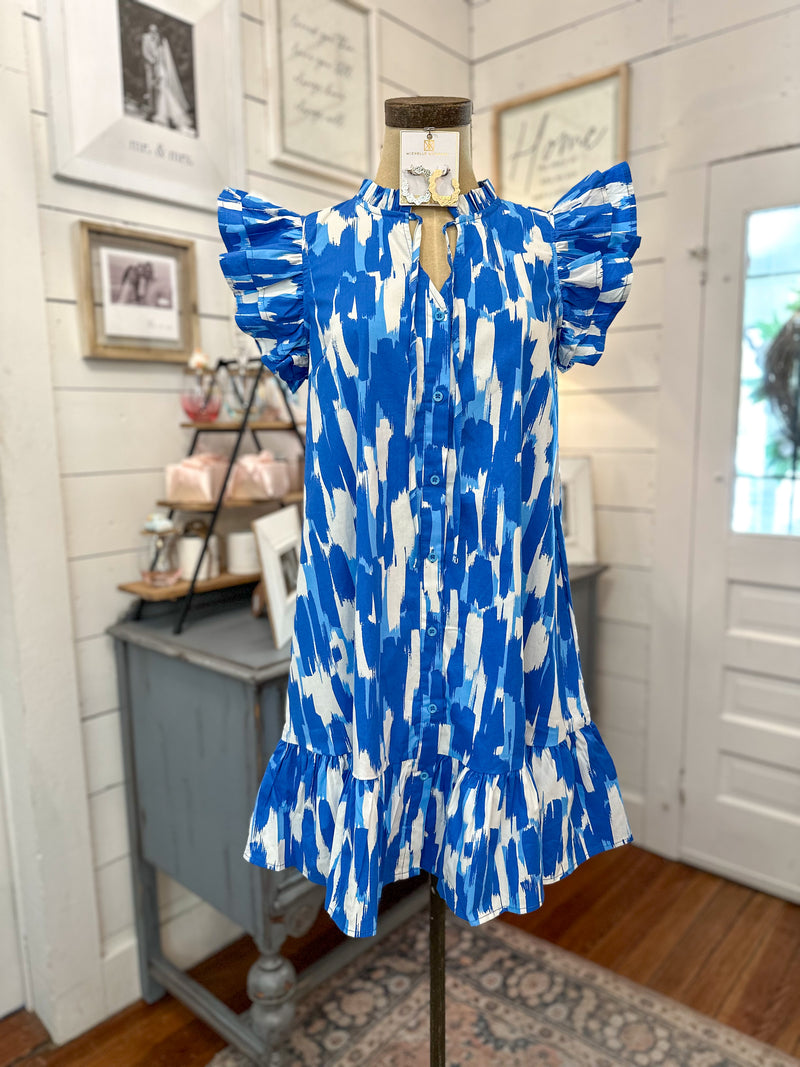 blue and white print dress with pockets