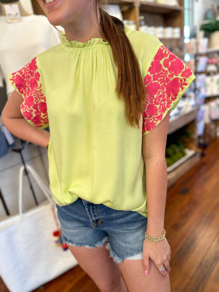 lime green layerz maggie top with pink embroidery details 