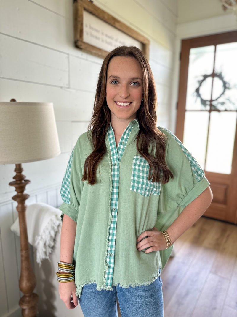 green button down top with checked accents 