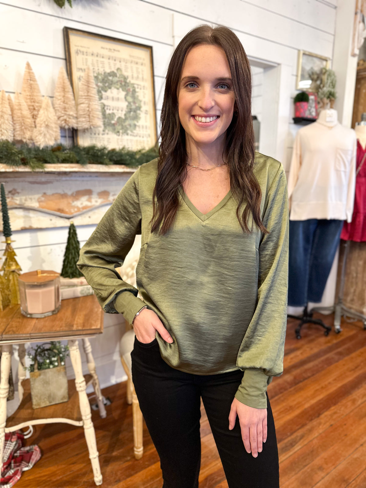 light green satin like long sleeve blouse