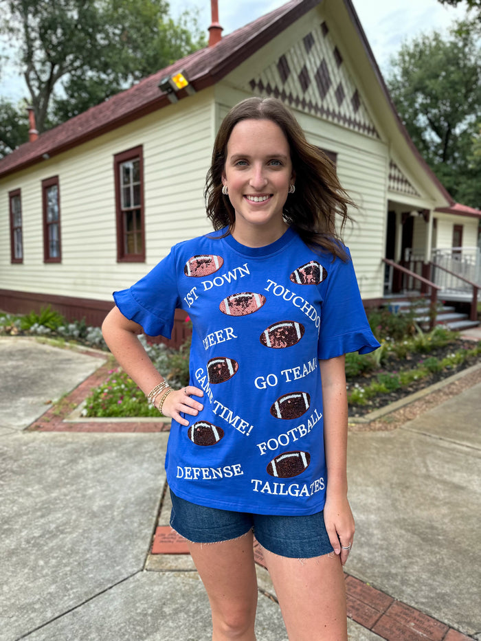 royal blue sequin football touchdown tee layerz clothing 