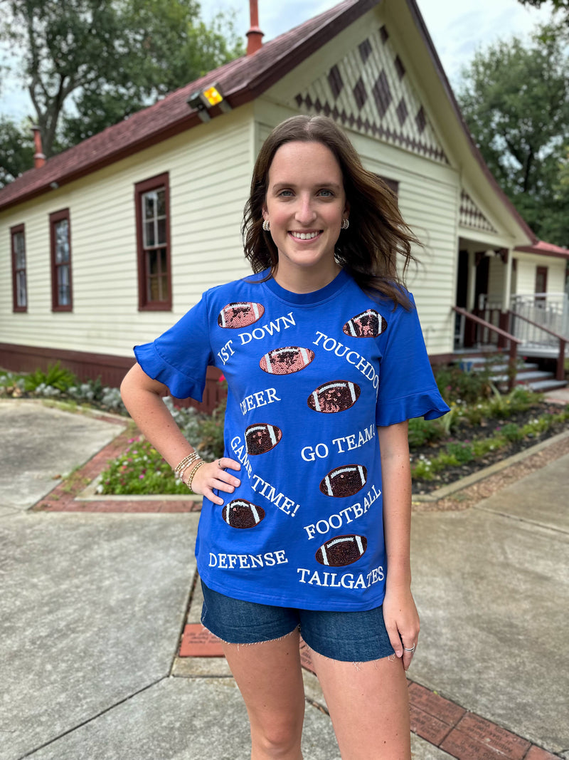 royal blue sequin football touchdown tee layerz clothing 