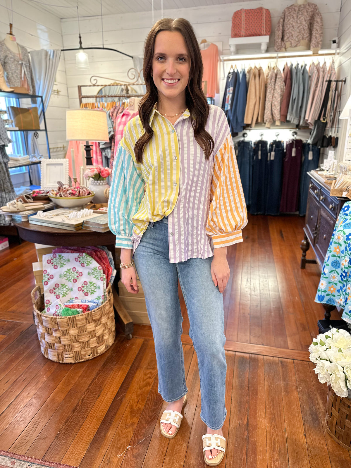 multi color stripe button down top entro 