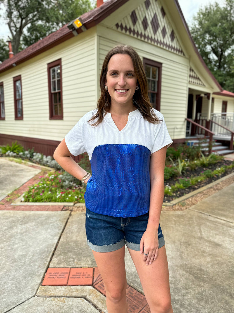 WHITE AND BLUE SEQUIN TOP MICHELLE MCDOWELL 