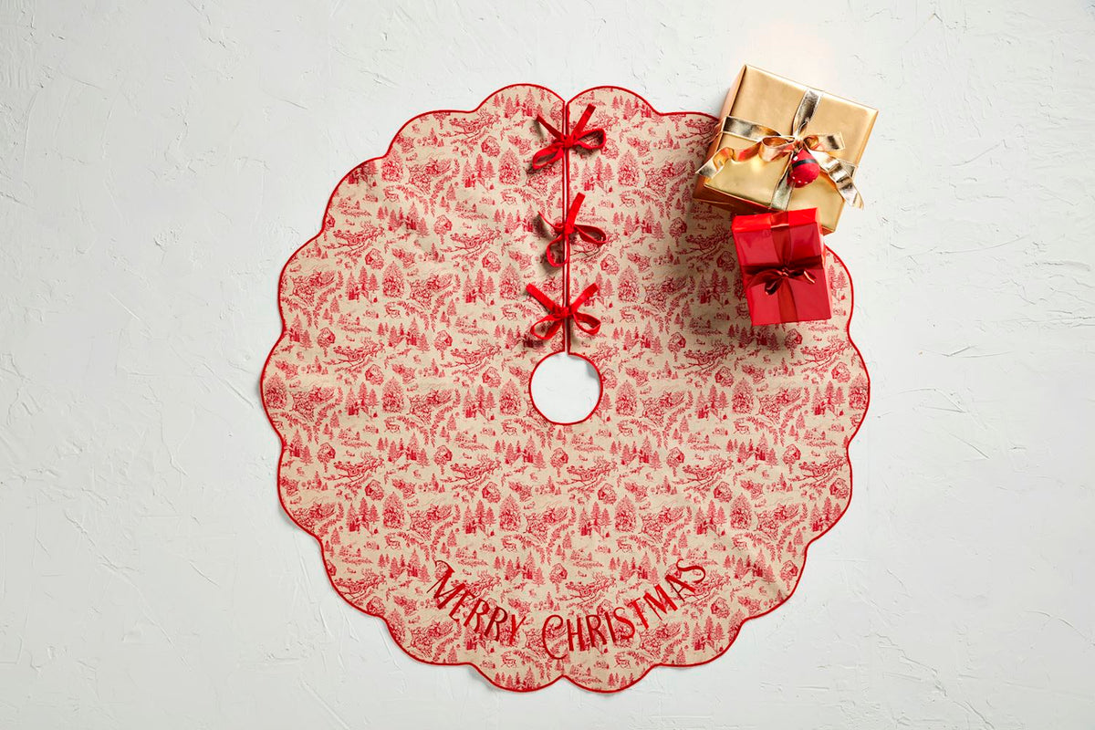 mud pie red and tan toile tree skirt