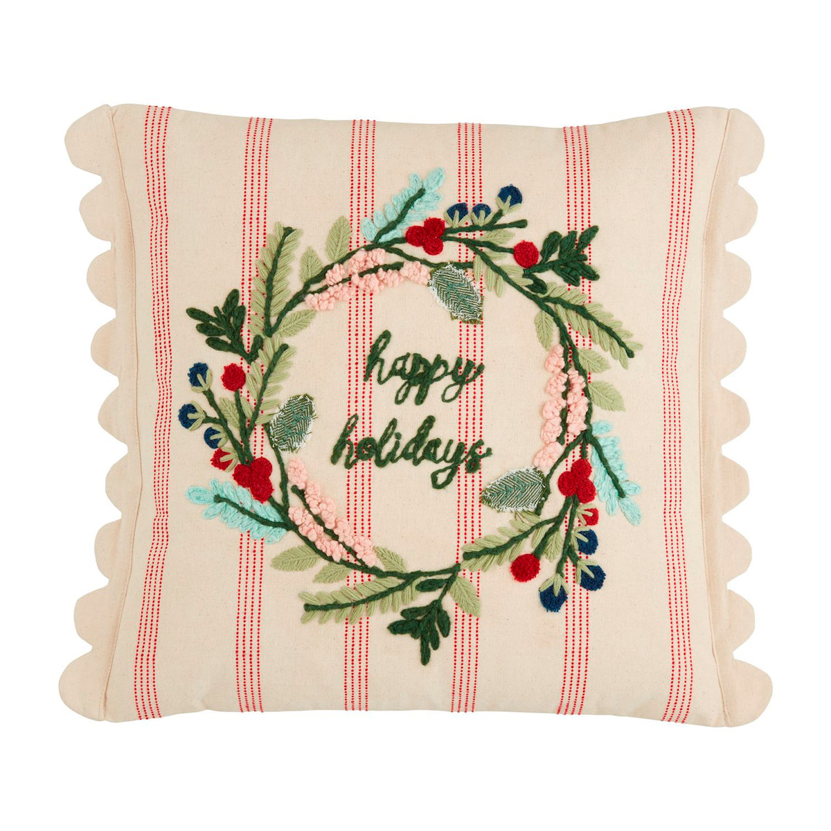 mud pie wreath happy holidays pillow stripe