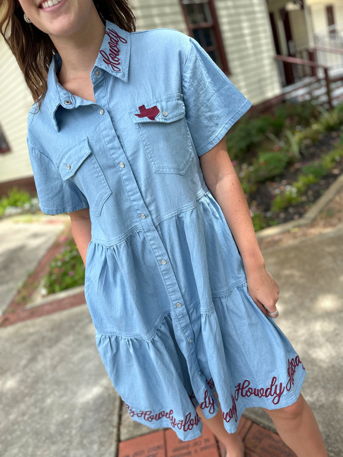 denim dress with pearl snaps, pockets and howdy embroidered layerz clothing darlin dress
