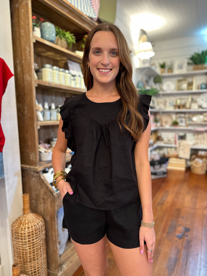 black linen blend ruffle sleeve top 