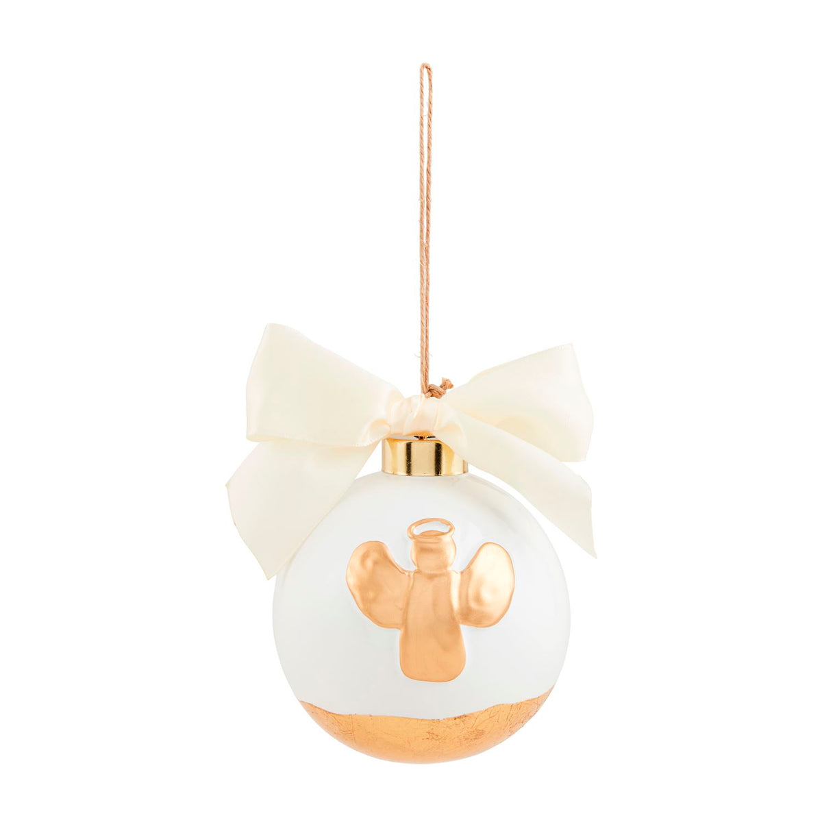 gold angel and white ornament with white satin bow
