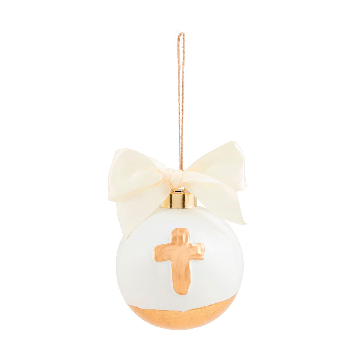 gold cross hand painted ornament with white satin bow. gold and white accents