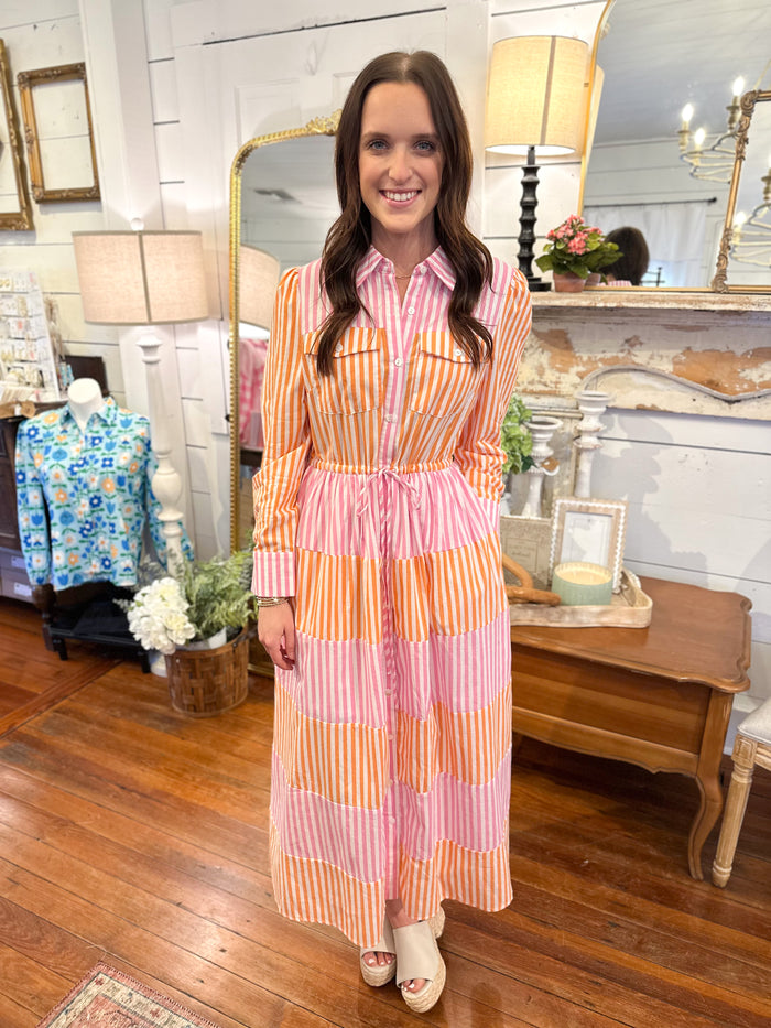 pink and orange stripe cotton dress with pockets 