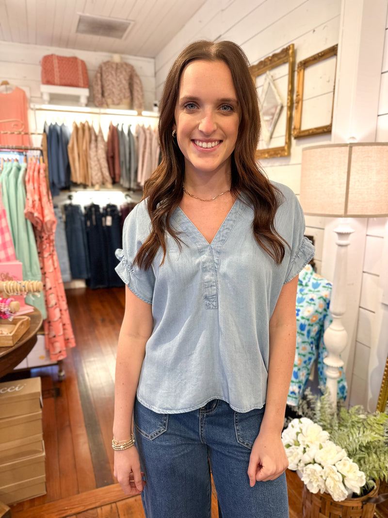 chambray blue short sleeve top with elastic details