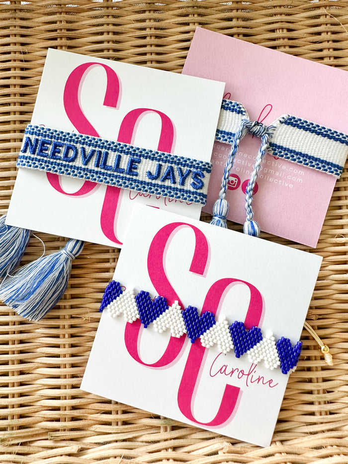 Needville blue jays woven tassel bracelet and stretchy heart bracelet 