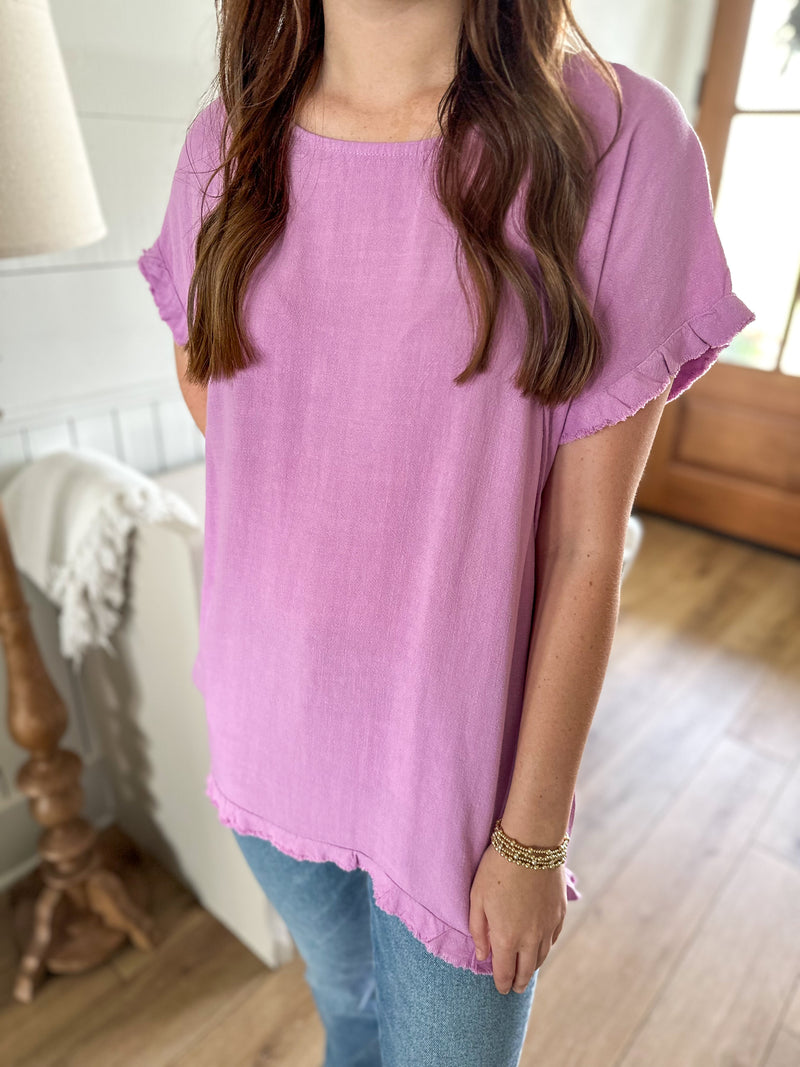 lilac purple linen blend top