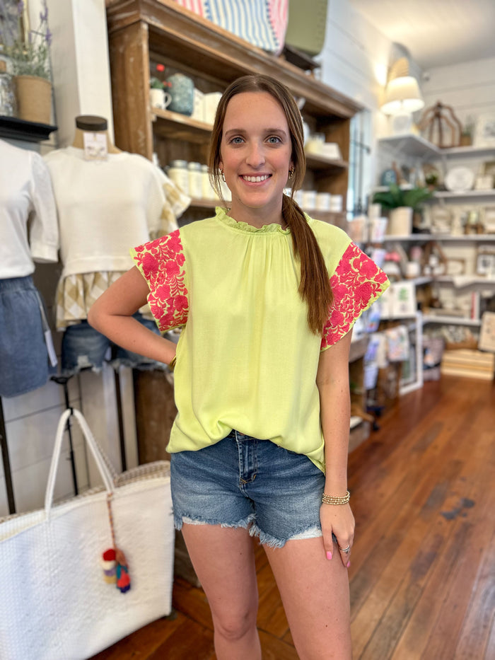 lime green maggie layerz top with pink embroidery details 