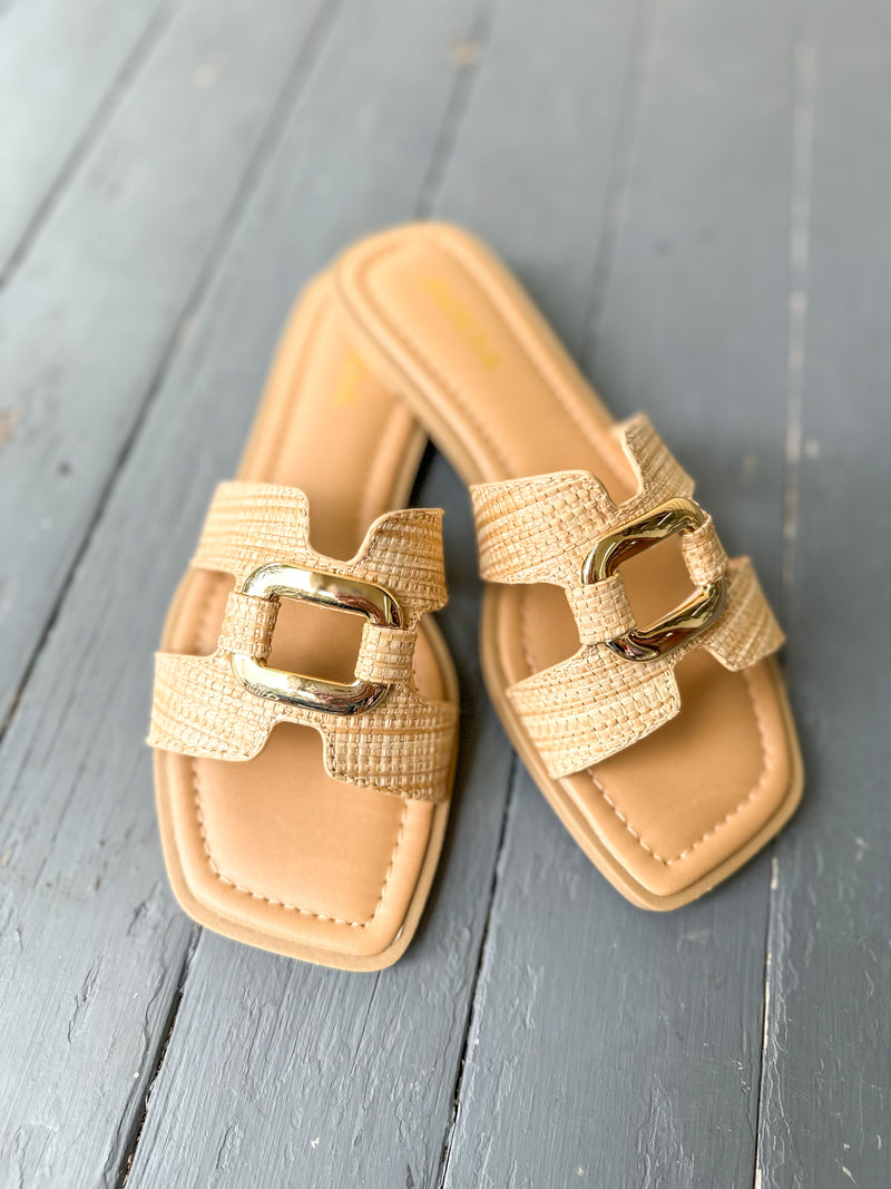 raffia style sandal with gold accent buckle