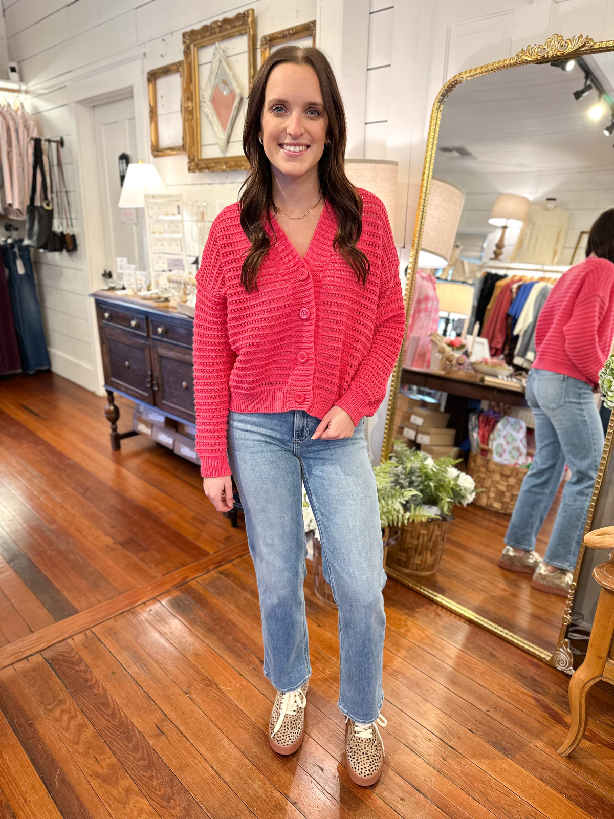 long sleeve hot pink sweater cardigan top