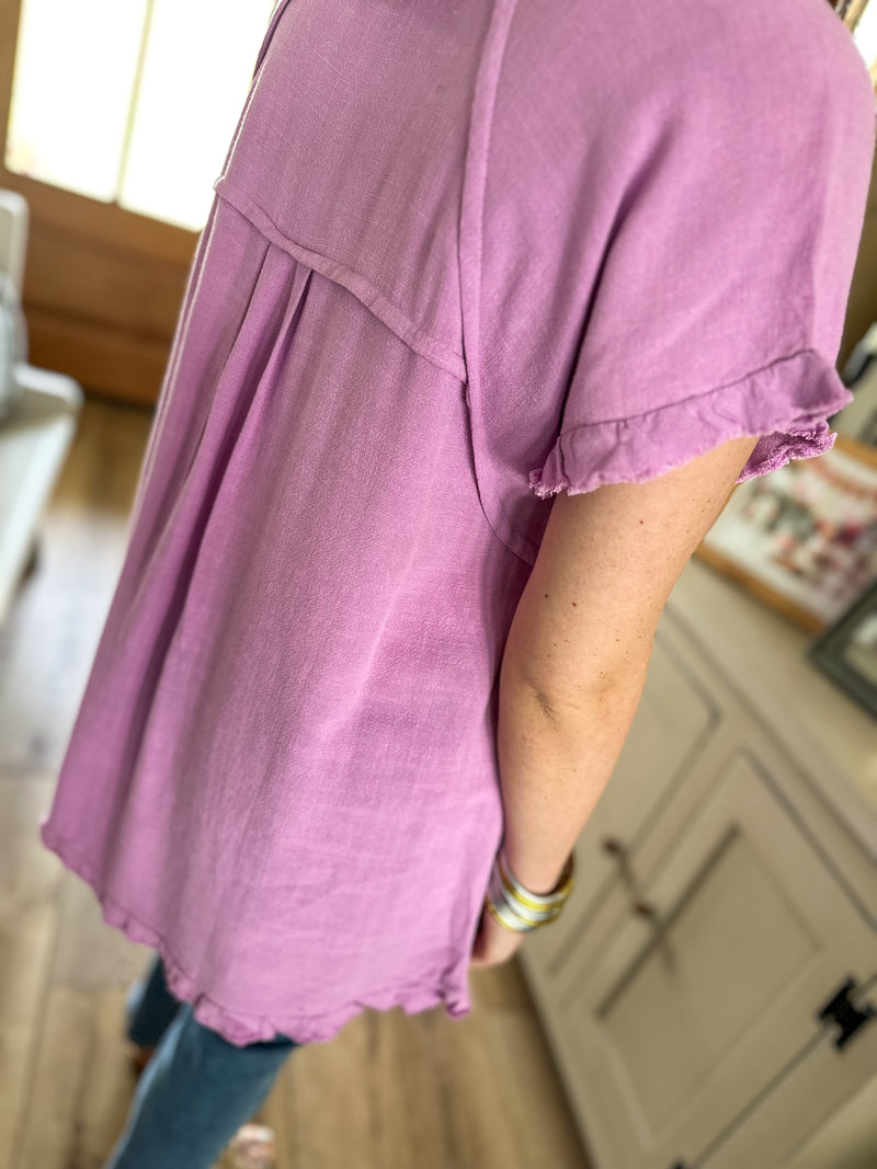 lilac purple linen blend top