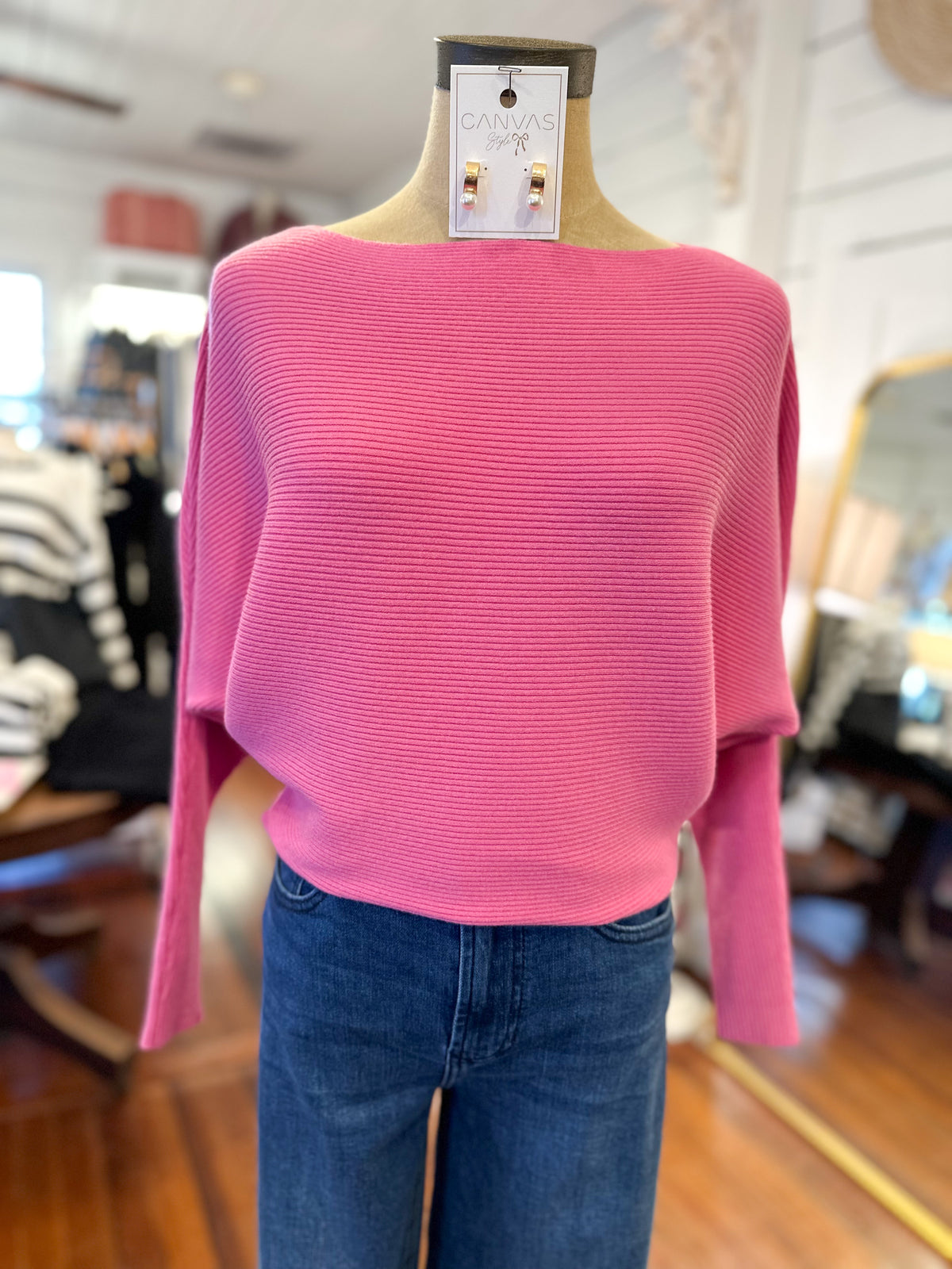 pink dolman sleeve sweater top ribbed style 