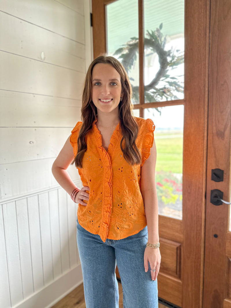 bright orange eyelet lace top