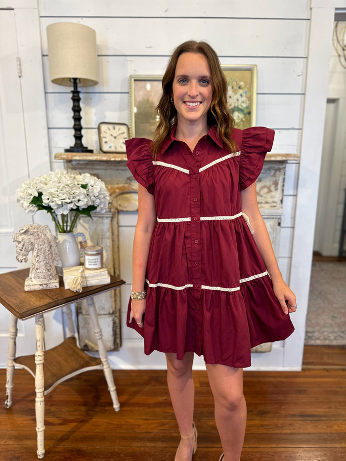 maroon button down dress with flutter sleeves