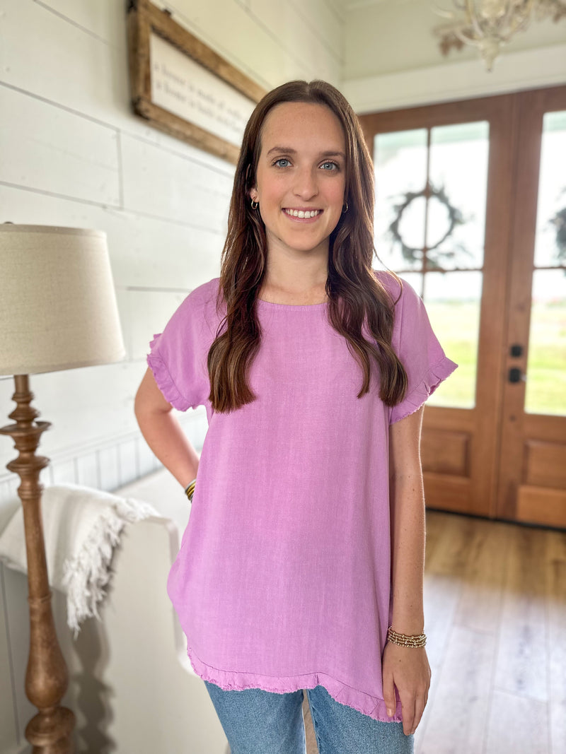 lilac purple linen blend top