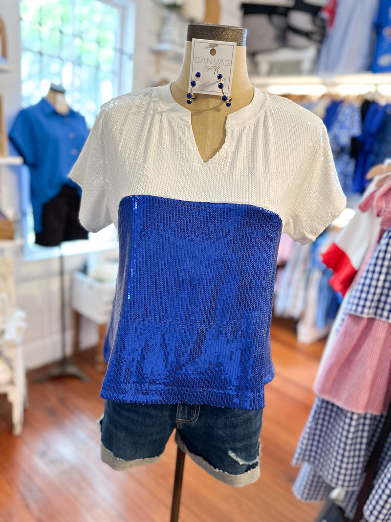 royal blue and white sequin top