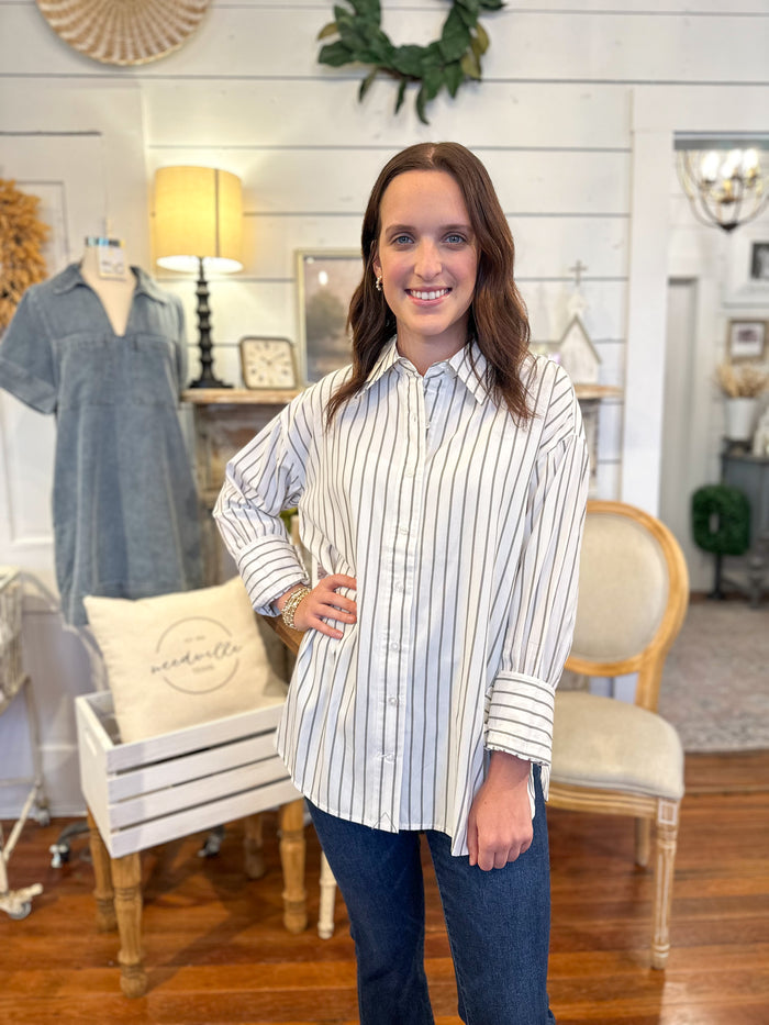 GREY AND WHITE BUTTON DOWN STRIPE TOP
