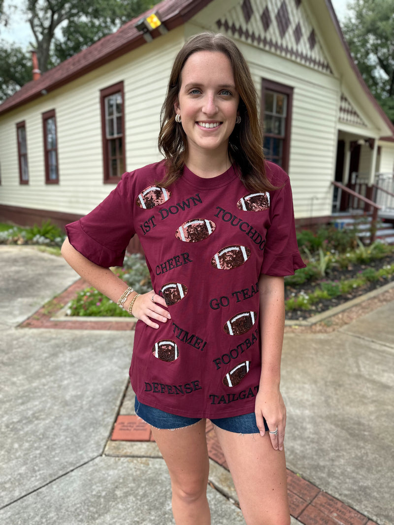 maroon sequin football top layerz clothing touchdown tee