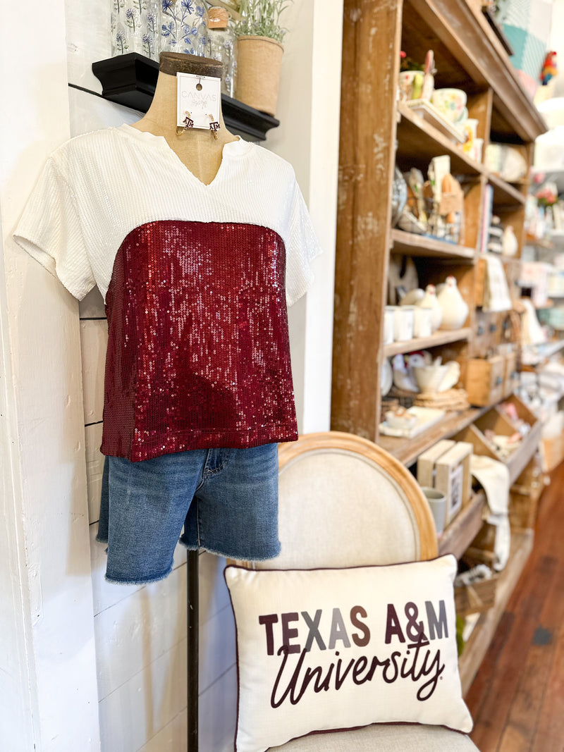 maroon and white sequin top