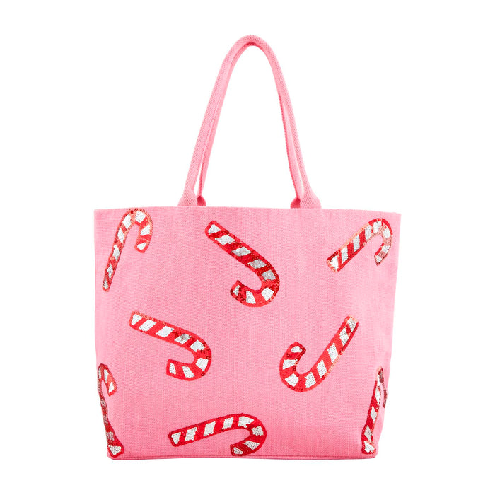 mud pie pink and red candy cane sequin tote bag