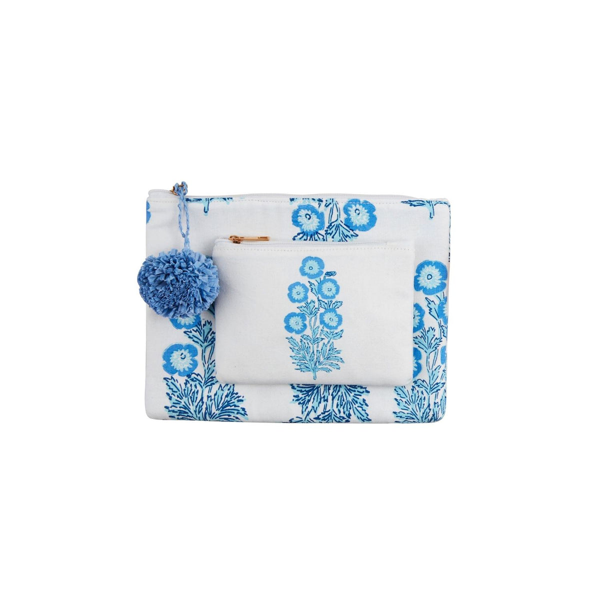 blue and white set of 2 bags with zipper closure