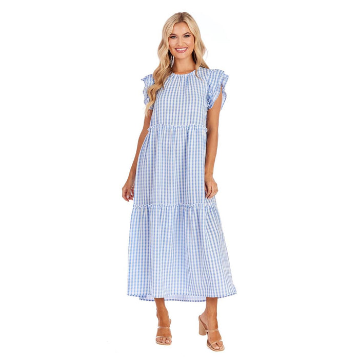 blue and white gingham dress mud pie bardot dress