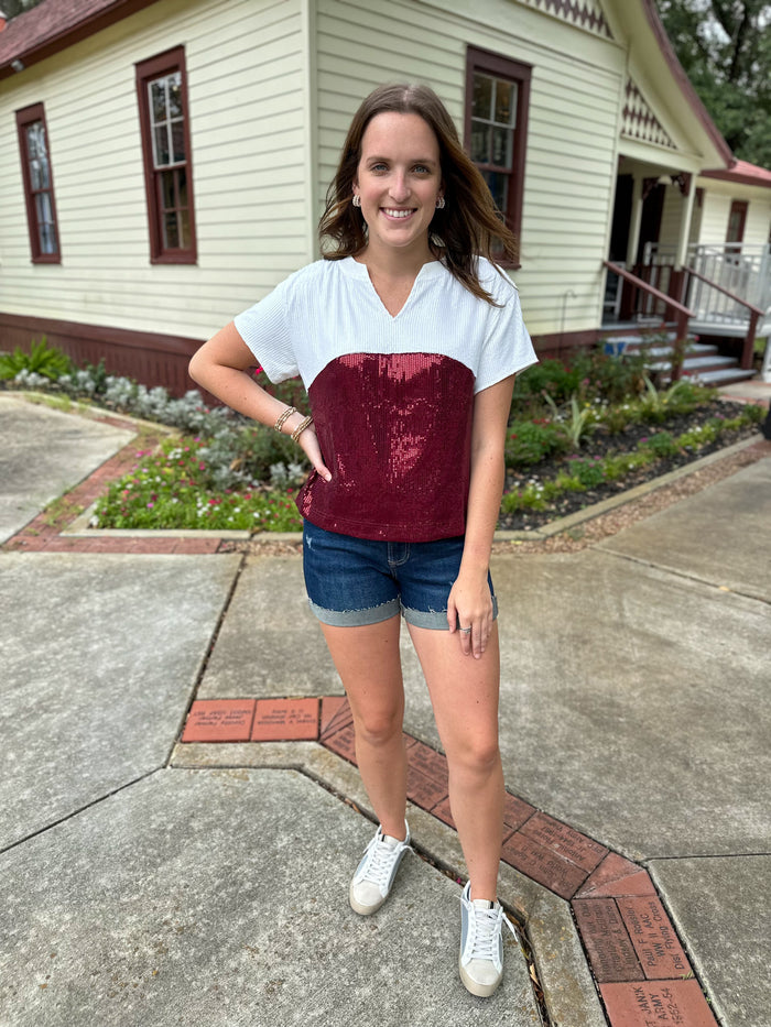 MAROON AND WHITE SEQUIN TOP MICHELLE MCDOWELL 