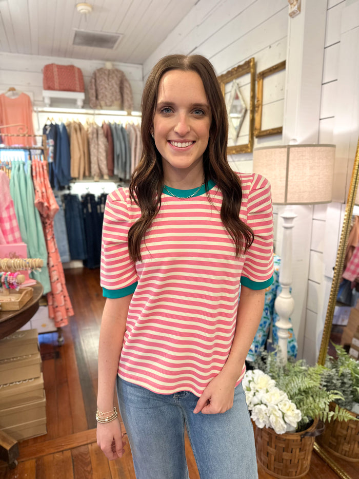 pink, cream and green stripe top