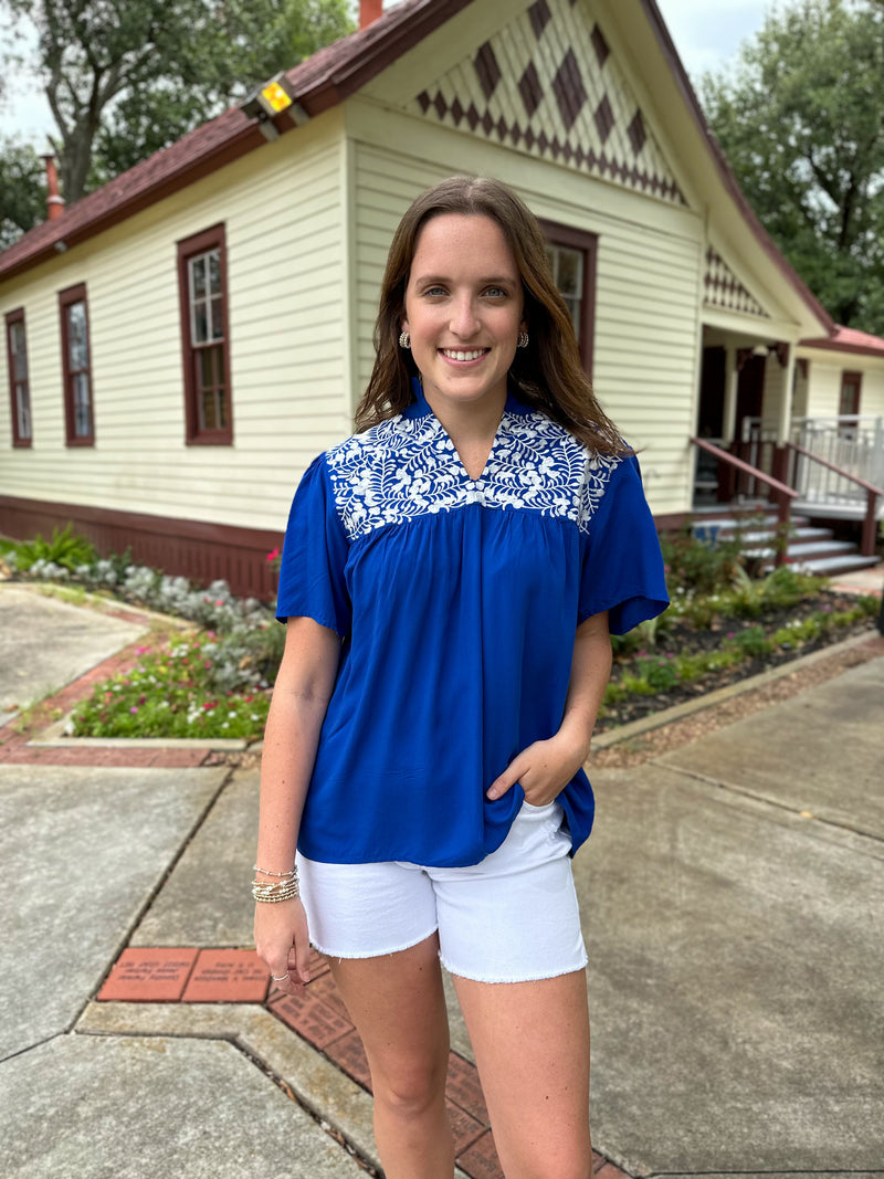 royal blue and white embroidered top drake top layerz clothing 