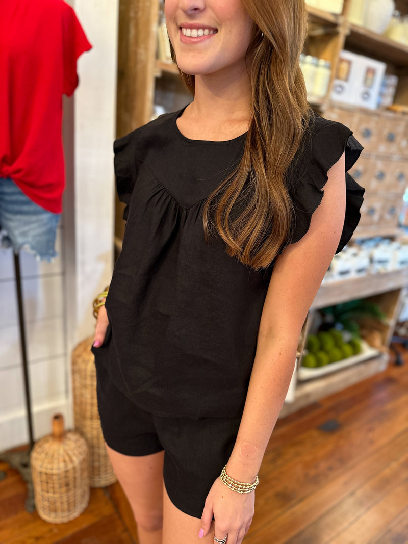 black linen blend ruffle sleeve top 