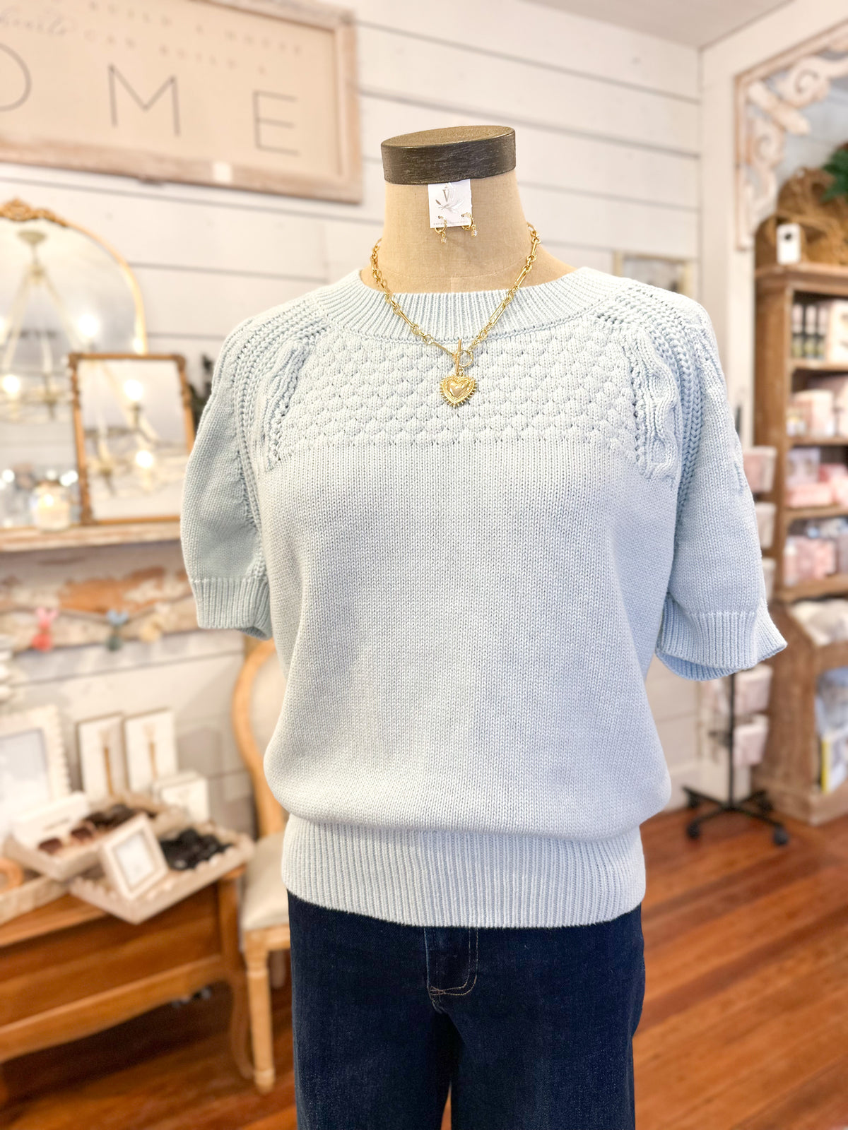 light blue sweater top short sleeve another love