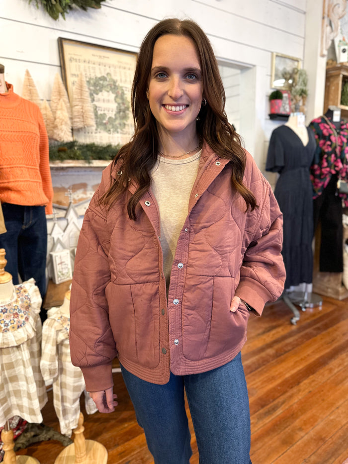 plum color quilted jacket with buttons 