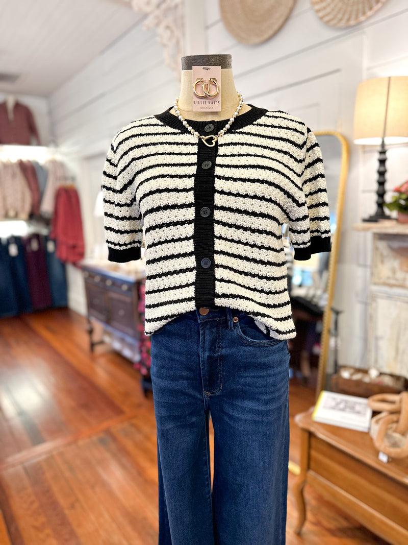 black and cream short sleeve cardigan top with buttons 