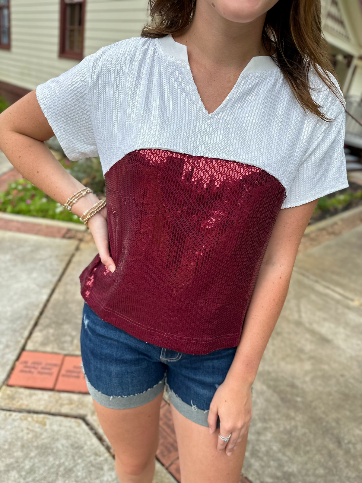 MAROON AND WHITE SEQUIN TOP MICHELLE MCDOWELL 