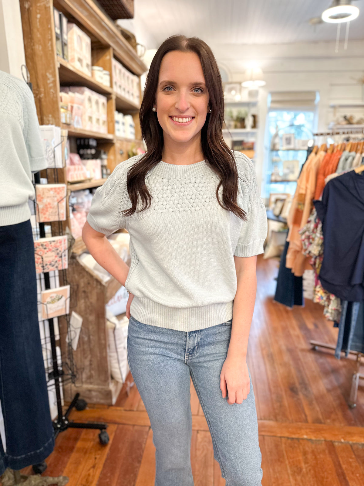 light blue cotton short sleeve sweater top another love