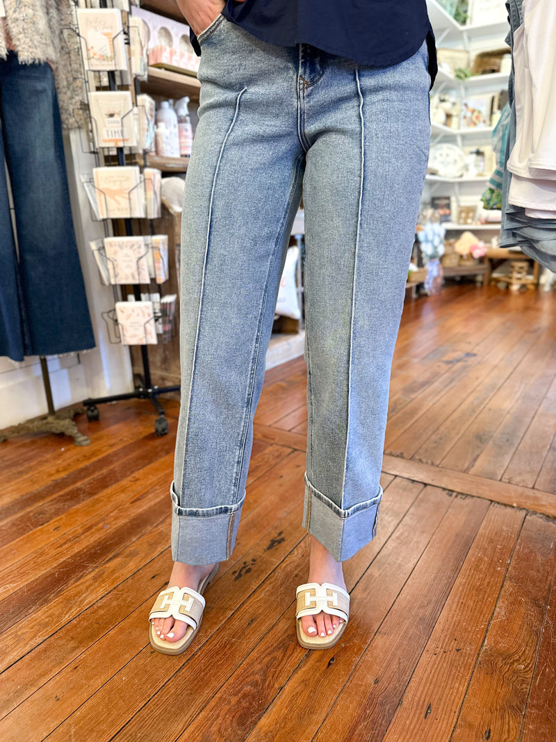 light wash holly jeans with pleat down the middle of cropped jean 