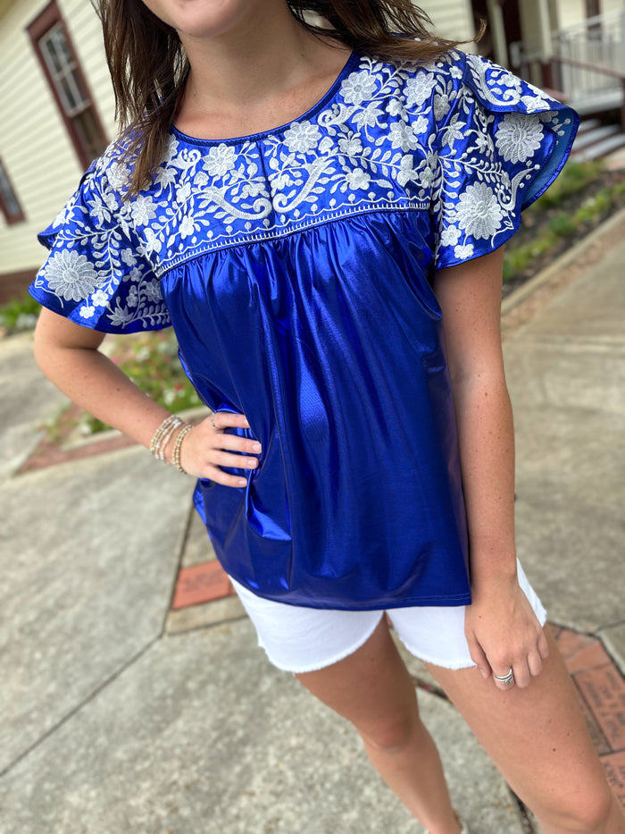 shimmer style royal blue and white embroidered top layerz clothing maher top