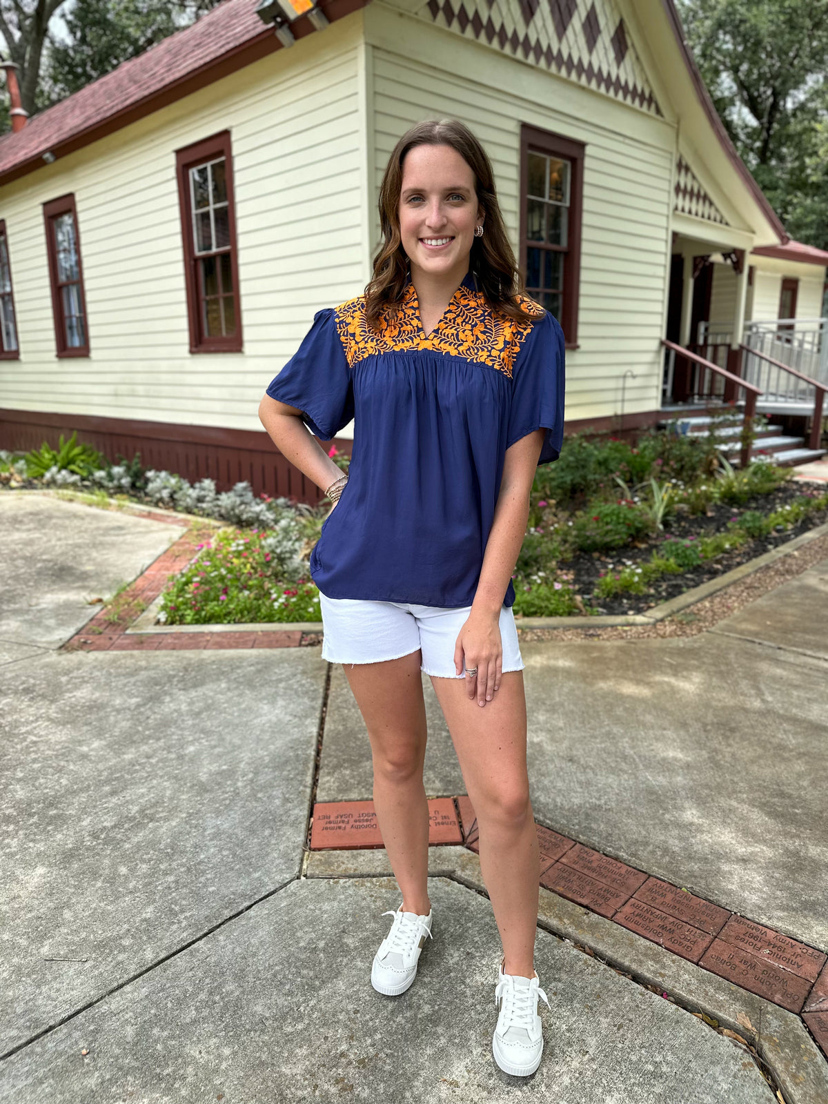 orange and navy blue embroidered top janie top layerz