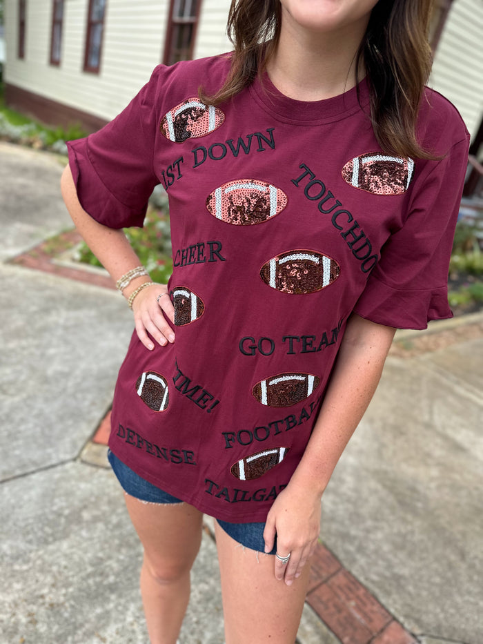 maroon sequin top layerz clothing touchdown tee