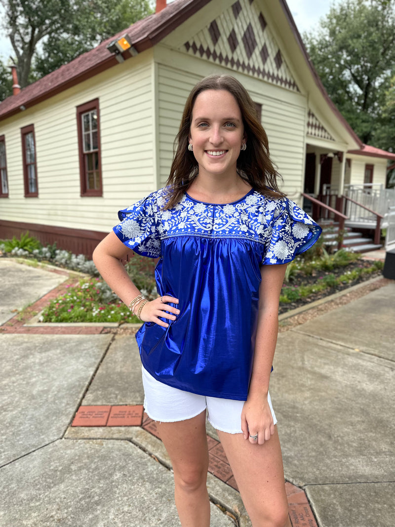 shimmer style royal blue and white embroidered top layerz clothing maher top